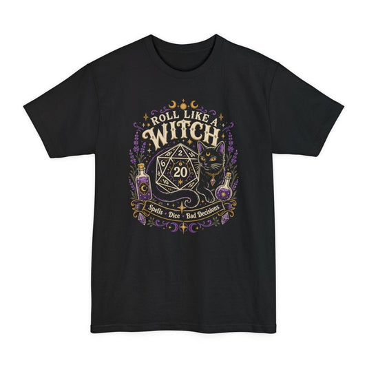 Black tall t-shirt. Reads "Roll like a" curving across the top and "Witch" in large cream capitals beneath. Below sits a large twenty-sided die showing 20 with a black cat beside it, two potion bottles either side and a banner underneath reading "Spells, dice, bad decisions".