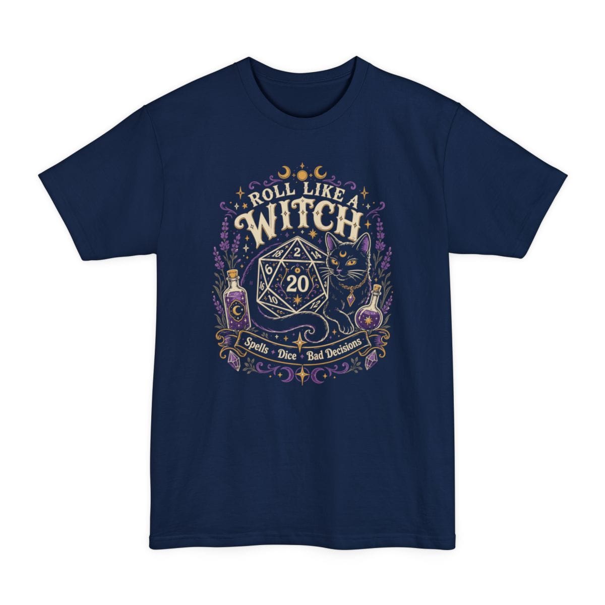 The same Roll Like a Witch design, on a navy tall t-shirt.