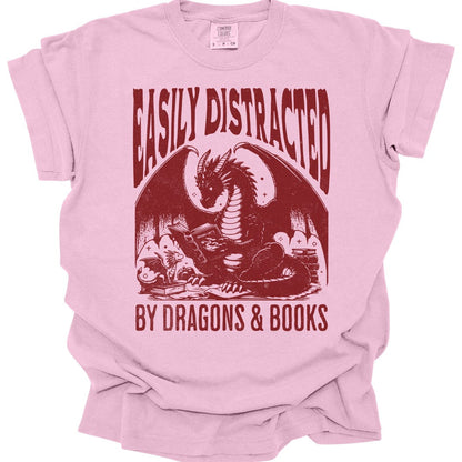 Printify T-Shirt Blossom / S Easily Distracted by Books & Dragons Shirt - Comfort Colors