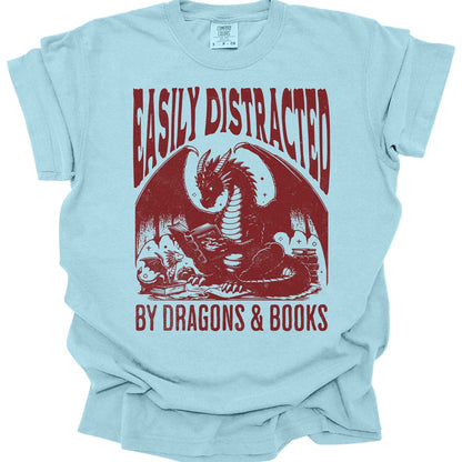 Printify T-Shirt Chambray / S Easily Distracted by Books & Dragons Shirt - Comfort Colors