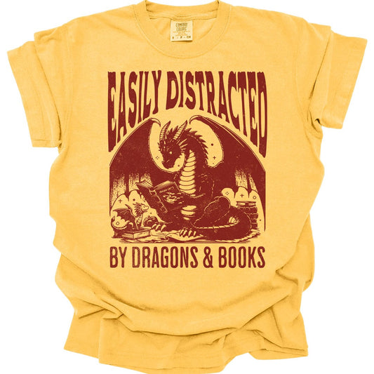 Printify T-Shirt Citrus / S Easily Distracted by Books & Dragons Shirt - Comfort Colors