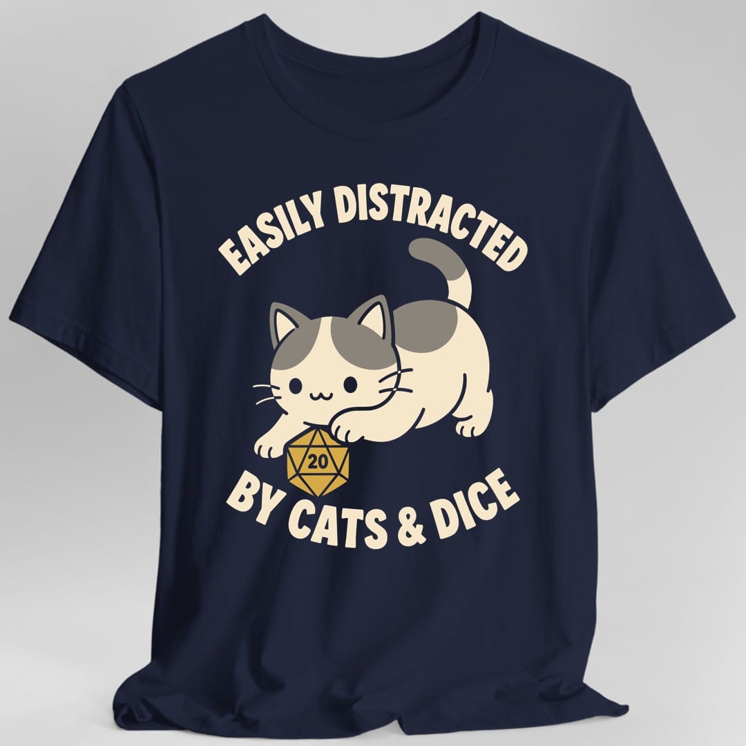 The same Easily Distracted by Cats and Dice design, on a navy t-shirt.