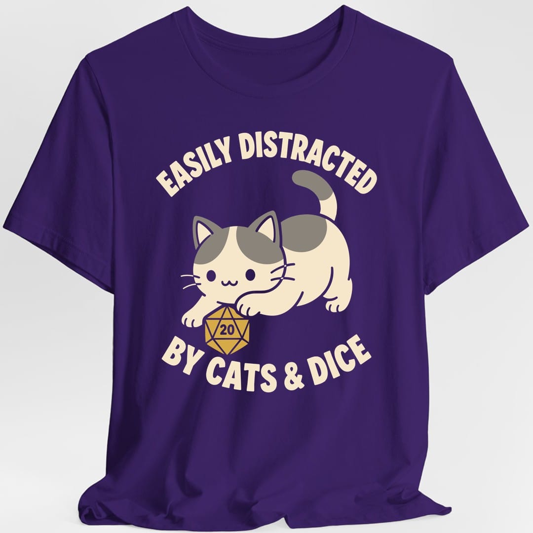The same Easily Distracted by Cats and Dice design, on a purple t-shirt.