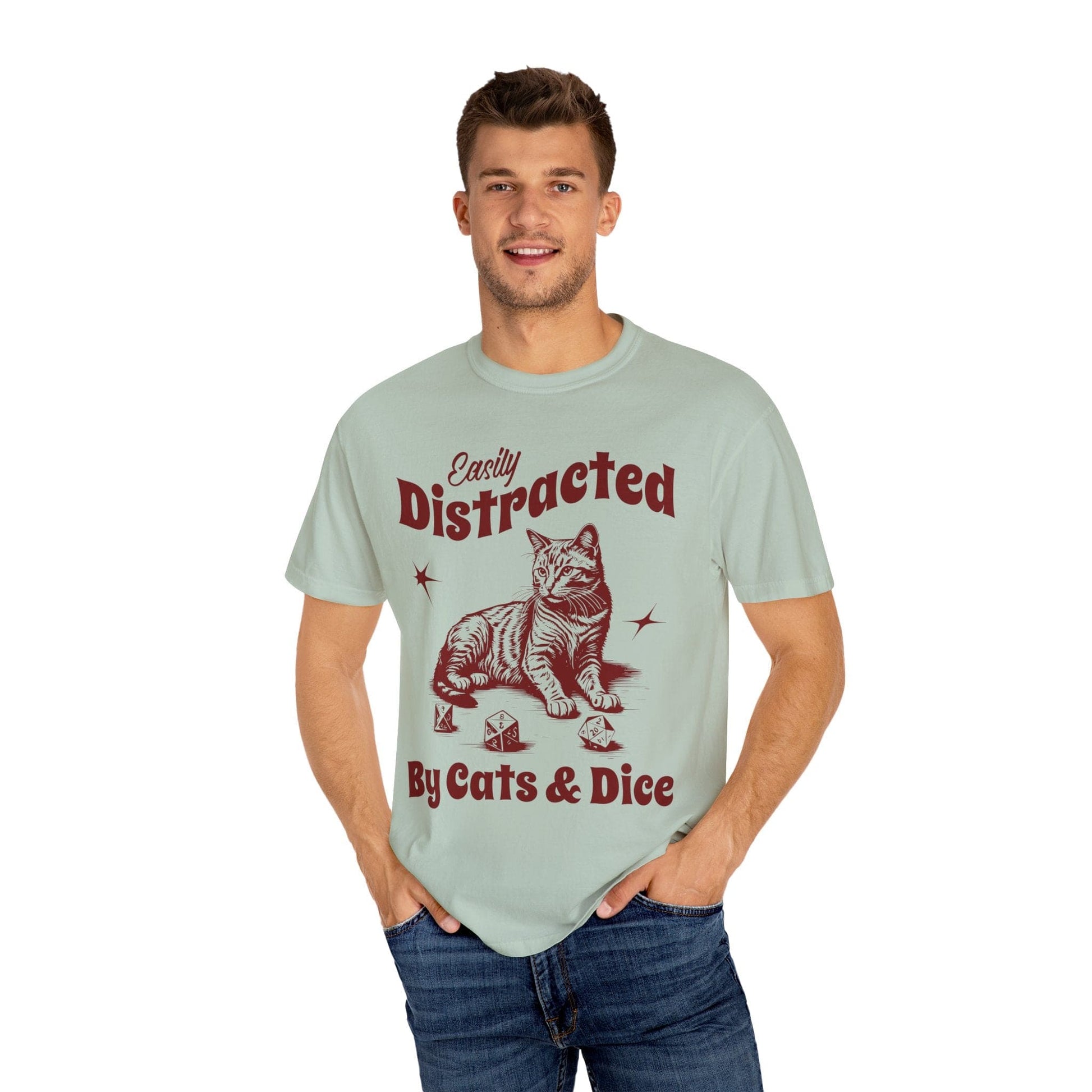 Printify T-Shirt Easily Distracted By Cats & Dice Shirt - Comfort Colors