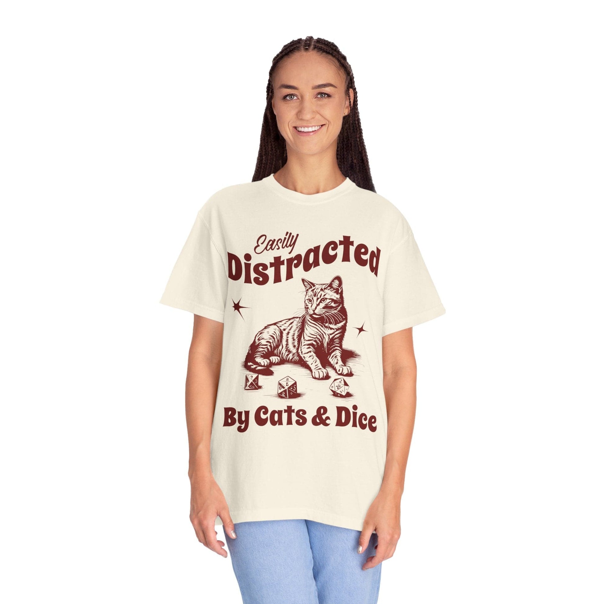 Printify T-Shirt Easily Distracted By Cats & Dice Shirt - Comfort Colors