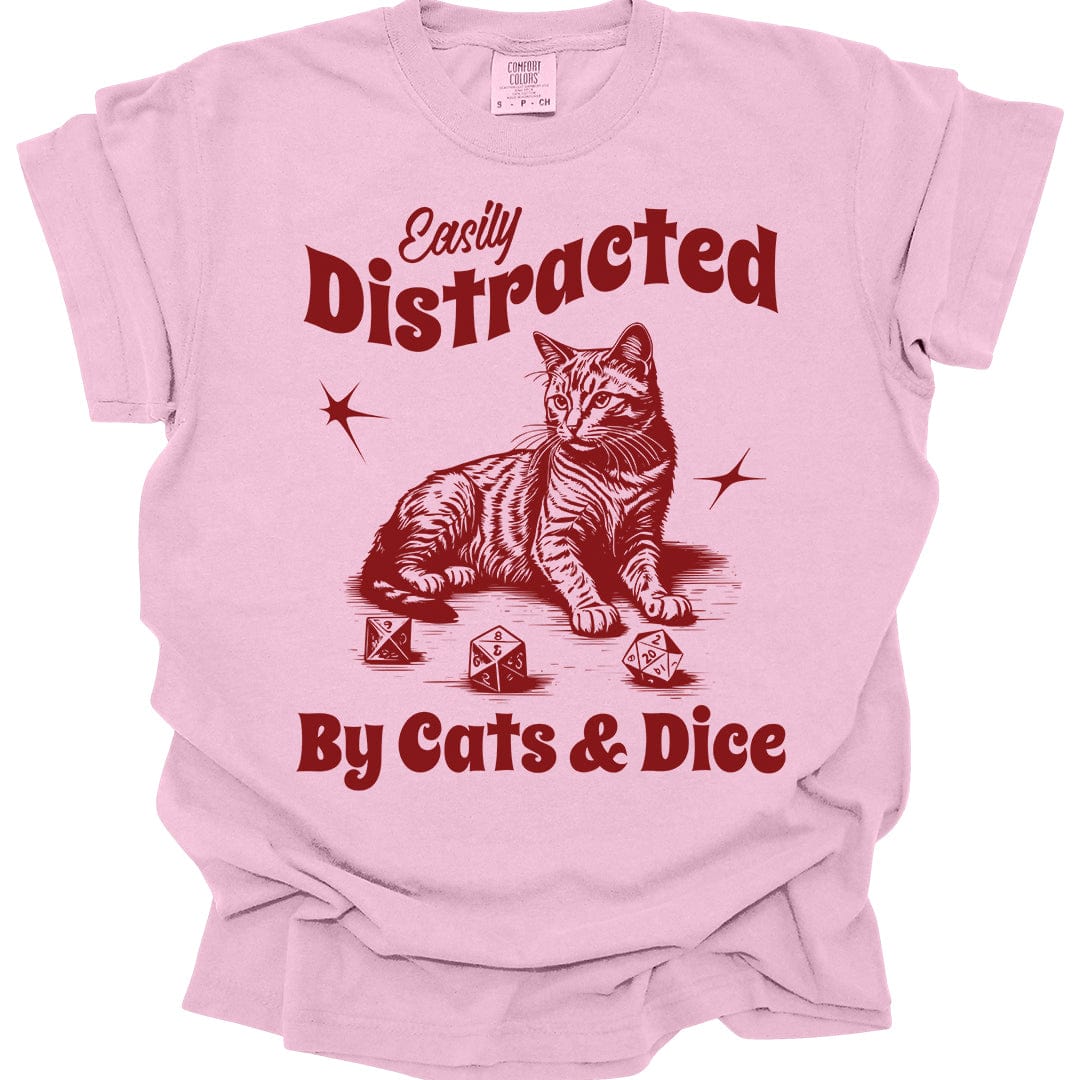 Printify T-Shirt Blossom / S Easily Distracted By Cats & Dice Shirt - Comfort Colors