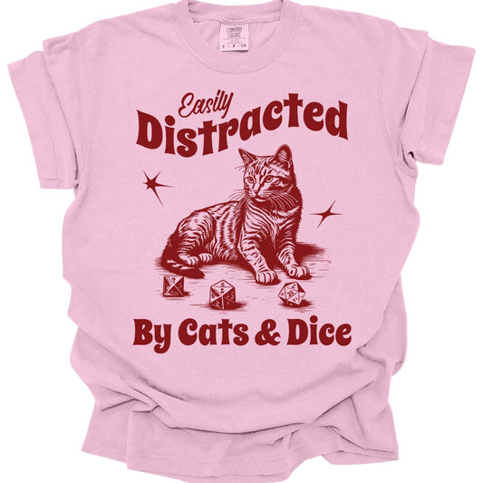Printify T-Shirt Blossom / S Easily Distracted By Cats & Dice Shirt - Comfort Colors