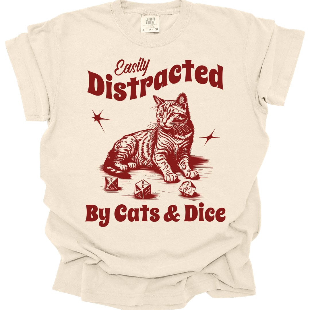 Printify T-Shirt Ivory / S Easily Distracted By Cats & Dice Shirt - Comfort Colors