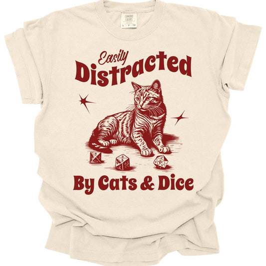 Printify T-Shirt Ivory / S Easily Distracted By Cats & Dice Shirt - Comfort Colors