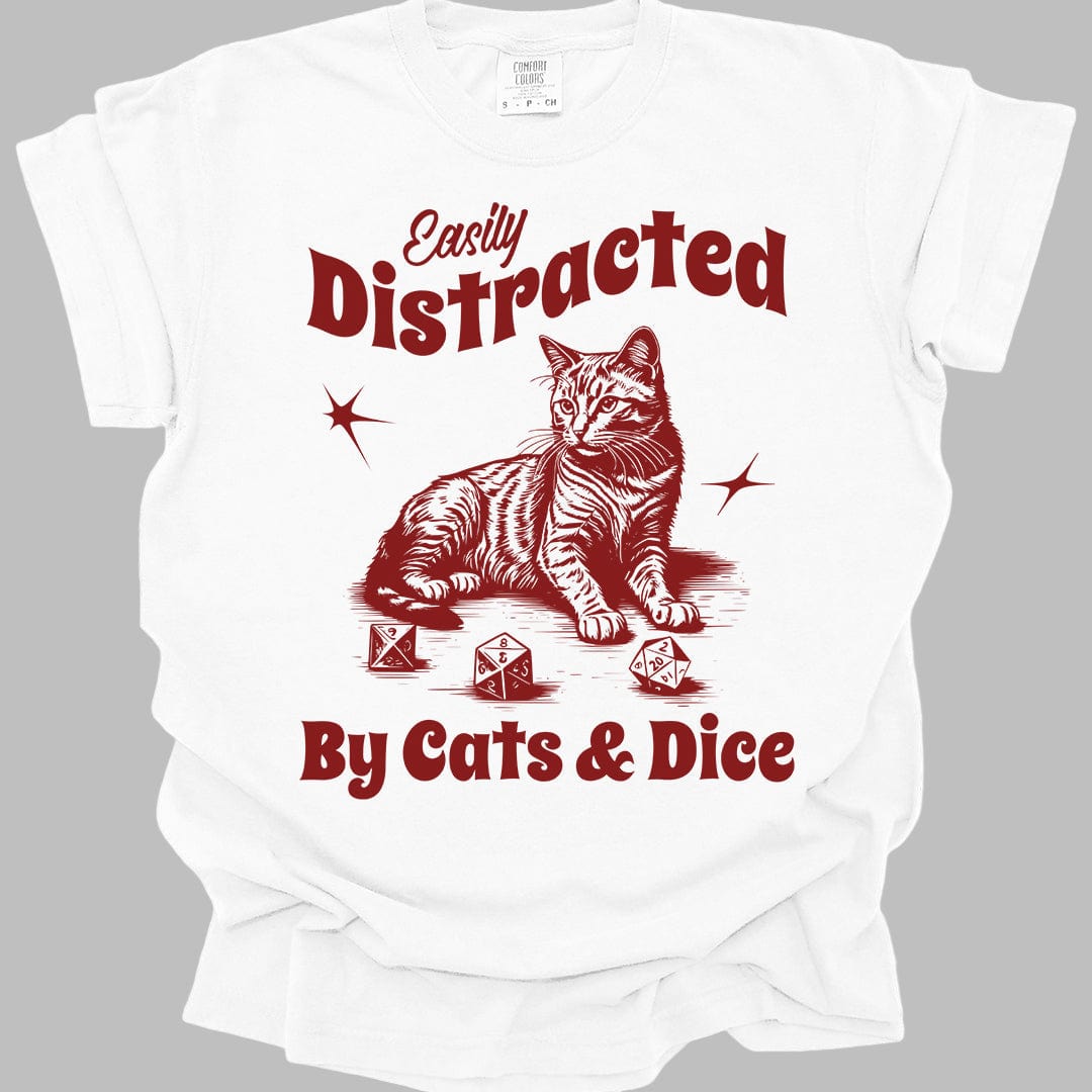 Printify T-Shirt White / S Easily Distracted By Cats & Dice Shirt - Comfort Colors