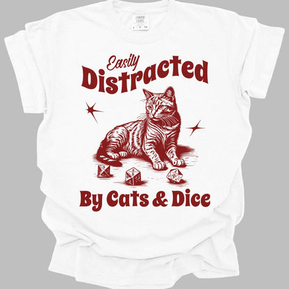 Printify T-Shirt White / S Easily Distracted By Cats & Dice Shirt - Comfort Colors