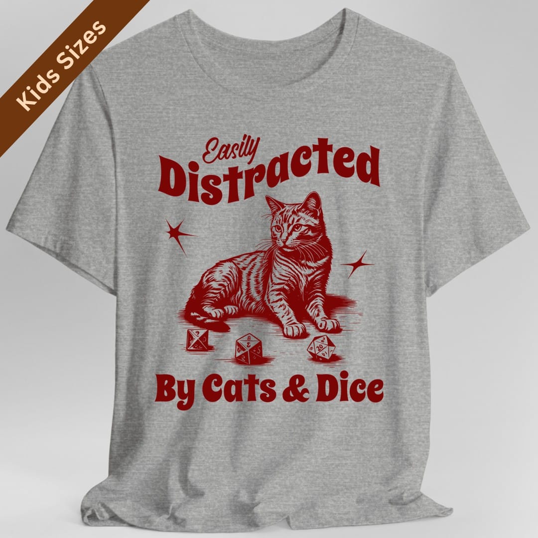 The same Easily Distracted By Cats and Dice design, on a sport grey kids t-shirt.