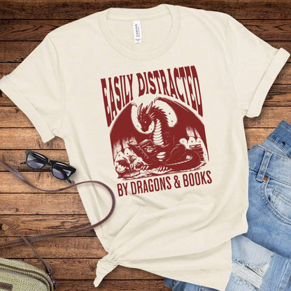 Printify T-Shirt Easily Distracted by Dragons & Books Shirt