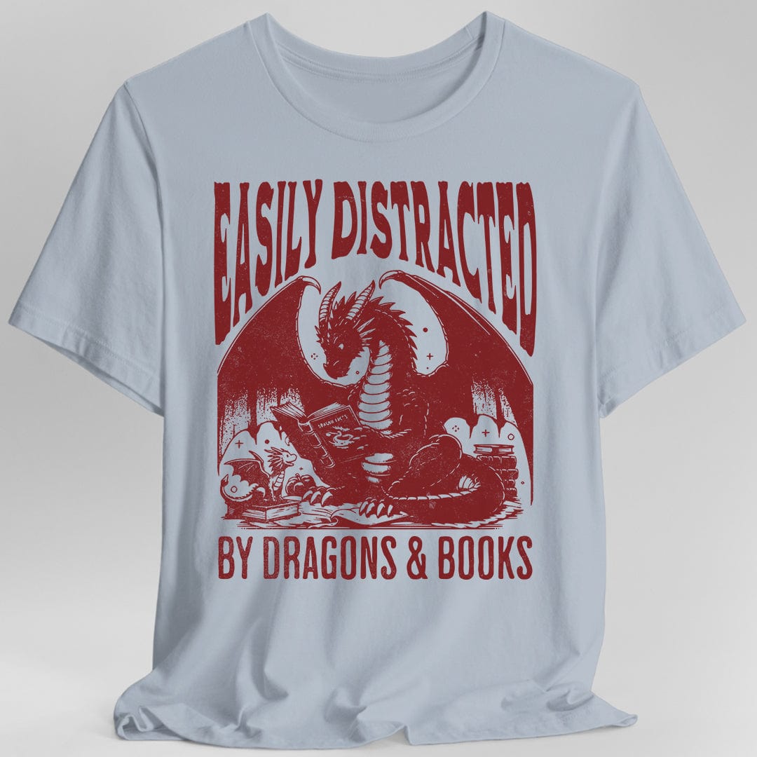 Printify T-Shirt Light Blue / S Easily Distracted by Dragons & Books Shirt