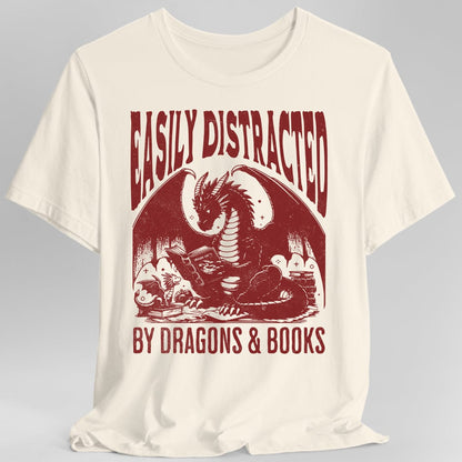 Printify T-Shirt Natural / S Easily Distracted by Dragons & Books Shirt