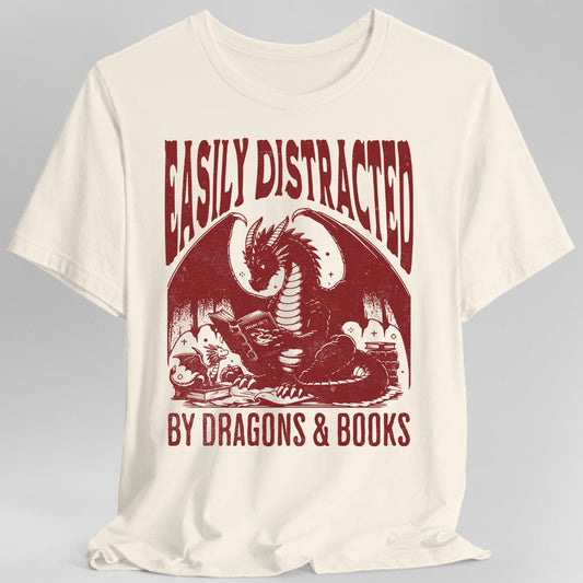 Printify T-Shirt Natural / S Easily Distracted by Dragons & Books Shirt