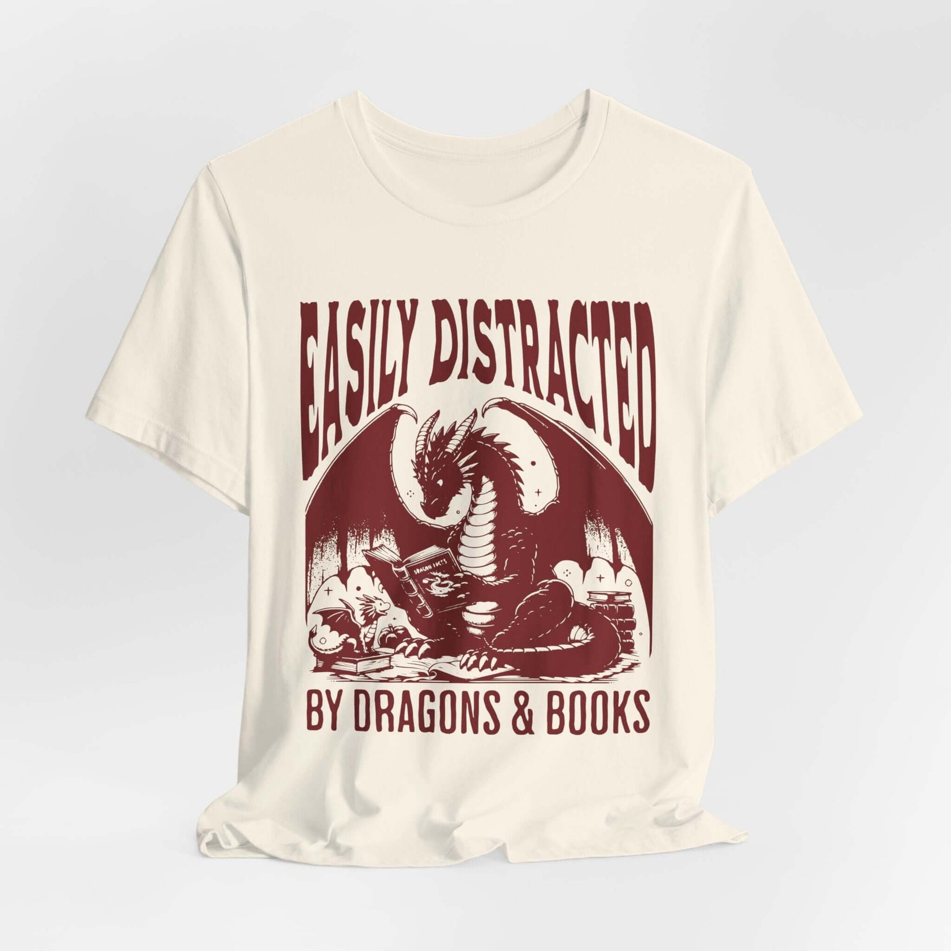 Printify T-Shirt Natural / S Easily Distracted by Dragons & Books Shirt