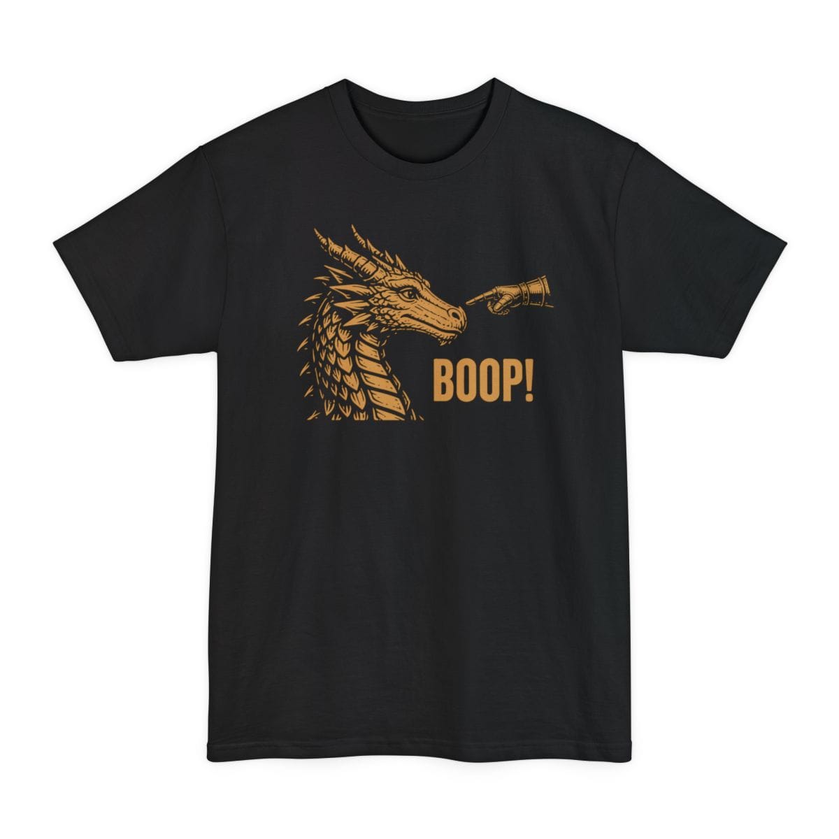 Black tall t-shirt. A gold dragon head in profile faces right with its horns swept back and jaws closed, drawn in fine engraved lines. A hand reaches in from the right and presses a finger to the tip of its snout. Beneath, "Boop!" in gold capitals.