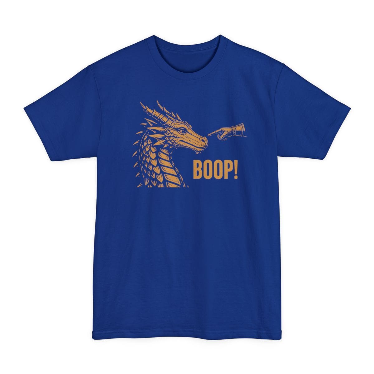 The same Dragon Boop design, on a deep royal tall t-shirt.