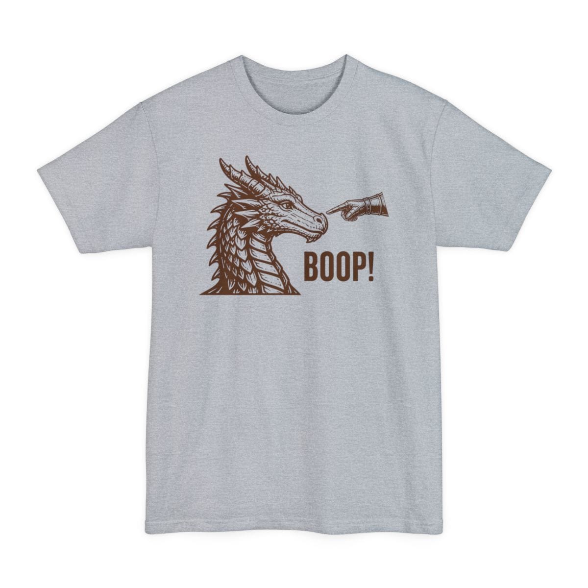 The same Dragon Boop design, on a light steel tall t-shirt.