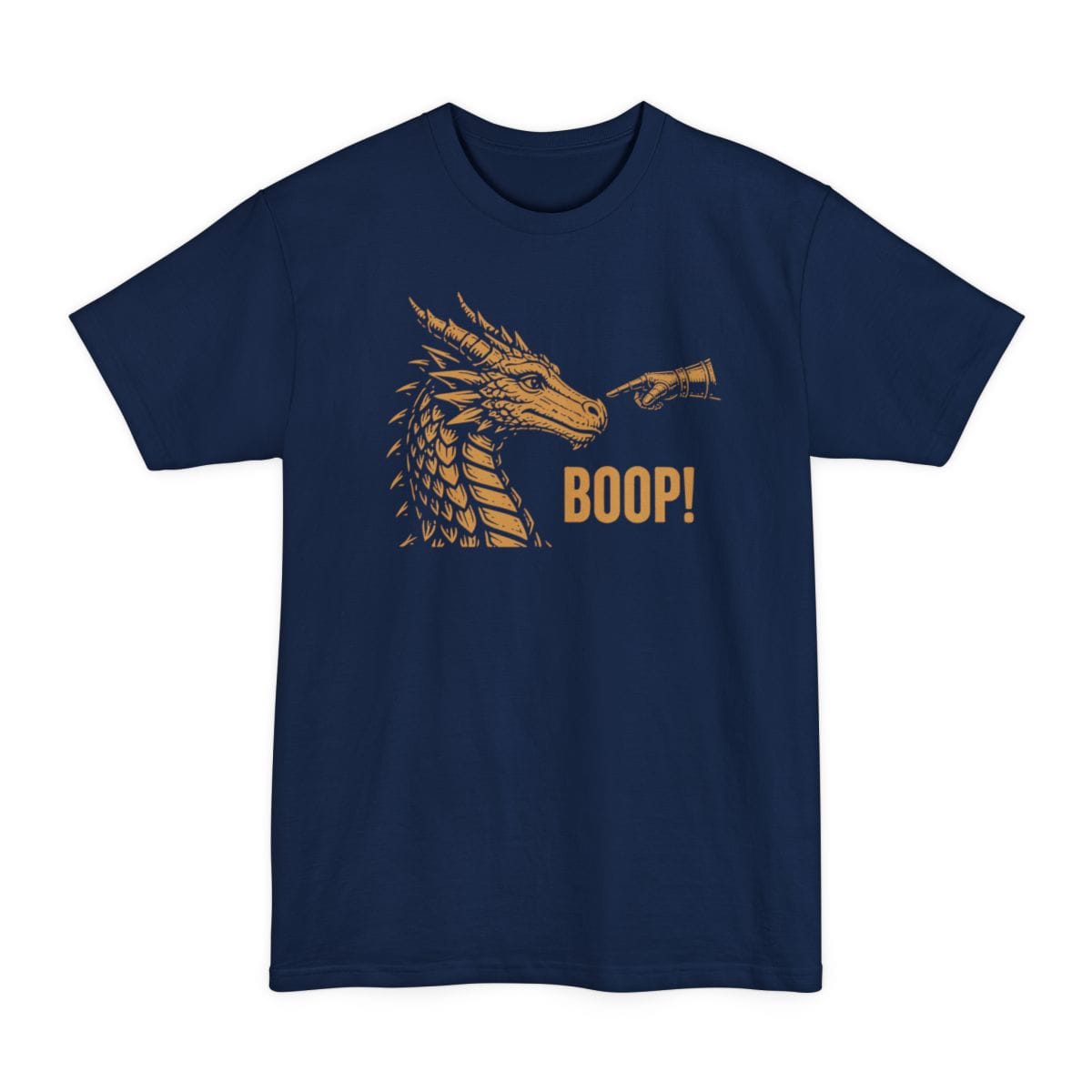 The same Dragon Boop design, on a navy tall t-shirt.