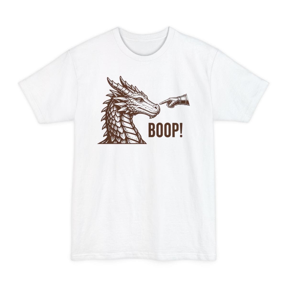 The same Dragon Boop design, on a white tall t-shirt.