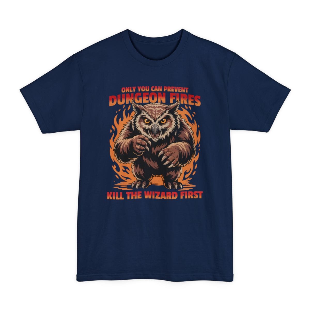 The same Prevent Dungeon Fires owlbear design, on a navy tall t-shirt.