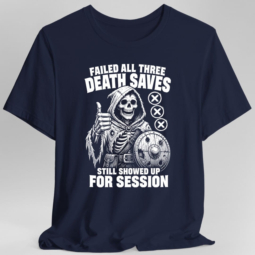 The same Failed All Three Death Saves skeleton design, on a navy t-shirt.