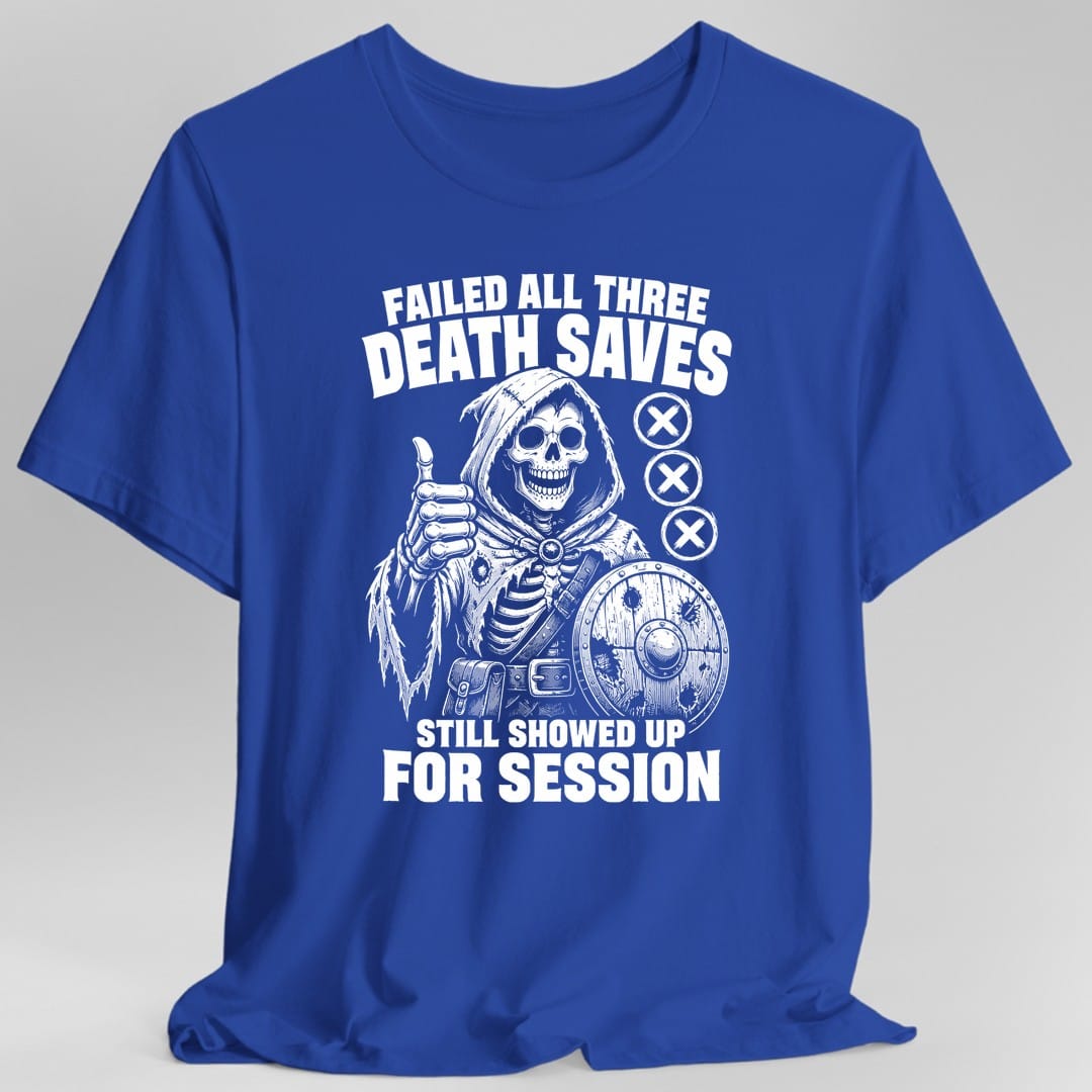 The same Failed All Three Death Saves skeleton design, on a royal t-shirt.