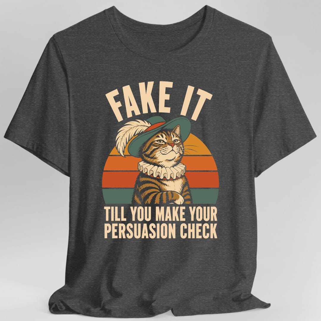 The same Persuasion check cat design, on a dark heather t-shirt.