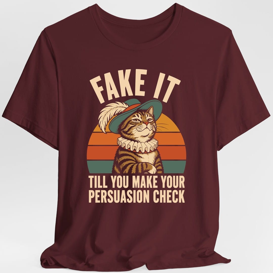 The same Persuasion check cat design, on a maroon t-shirt.