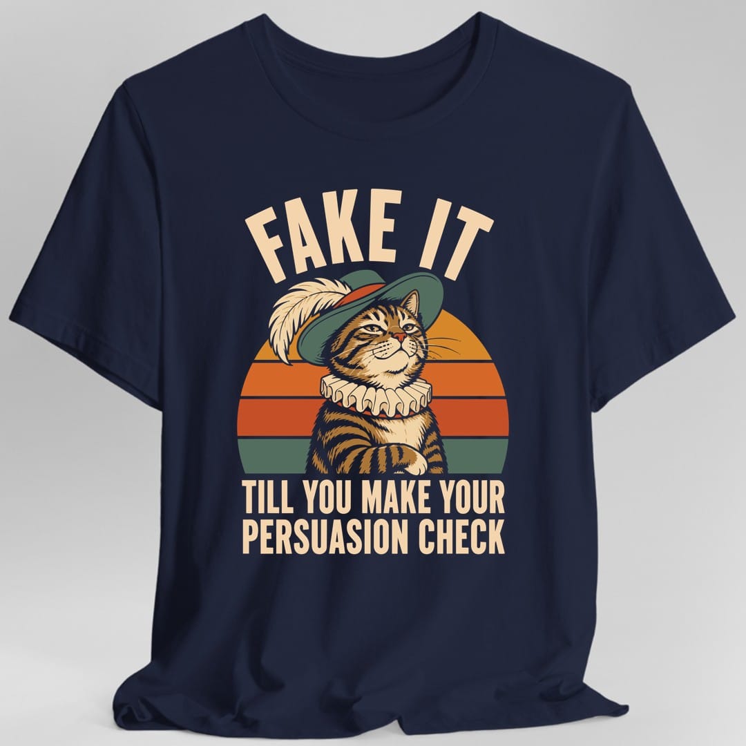 The same Persuasion check cat design, on a navy t-shirt.