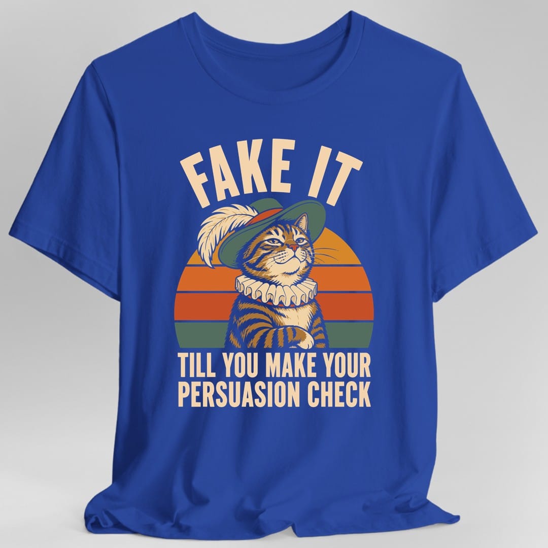 The same Persuasion check cat design, on a royal t-shirt.
