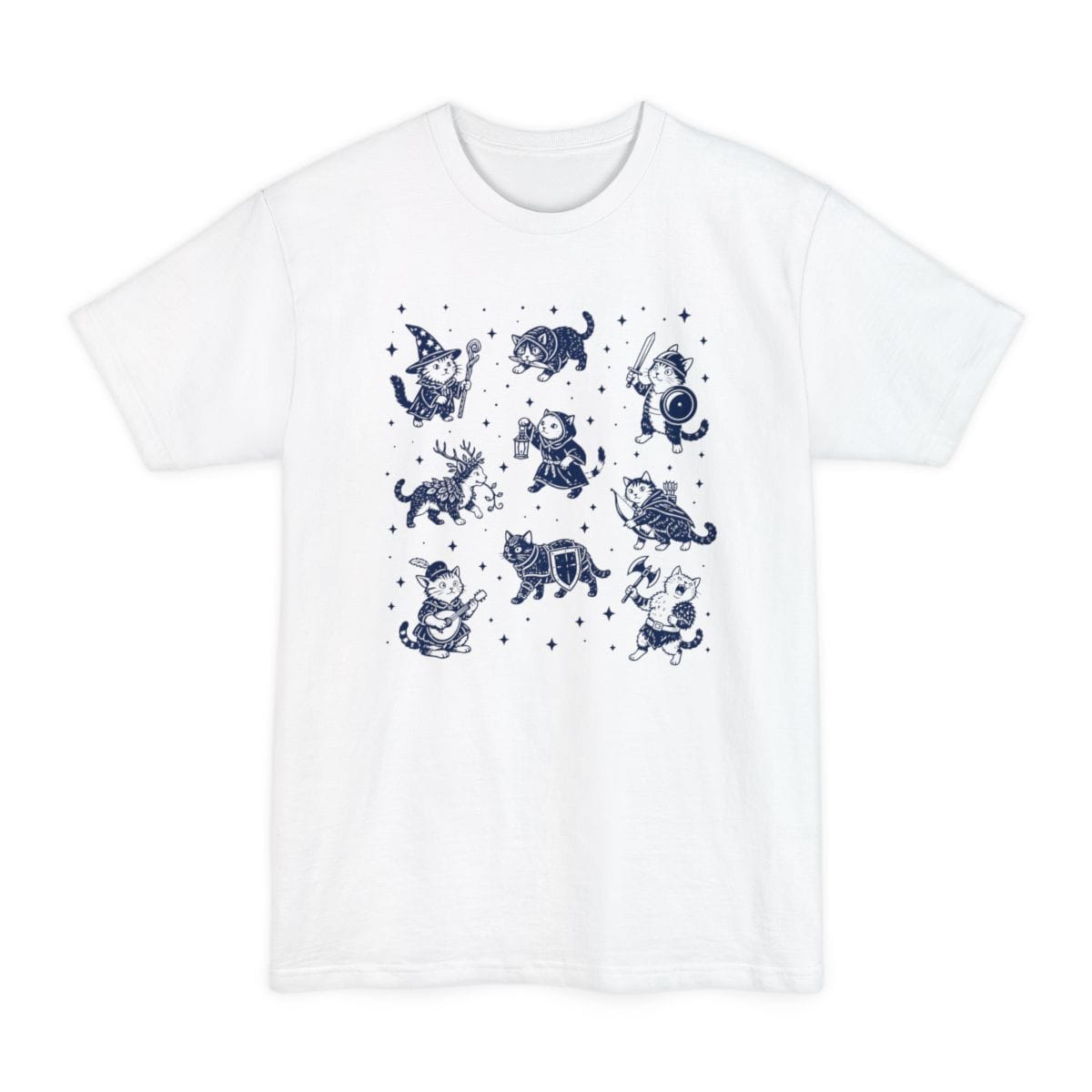 The same Adventurer Cats design, on a white tall t-shirt.