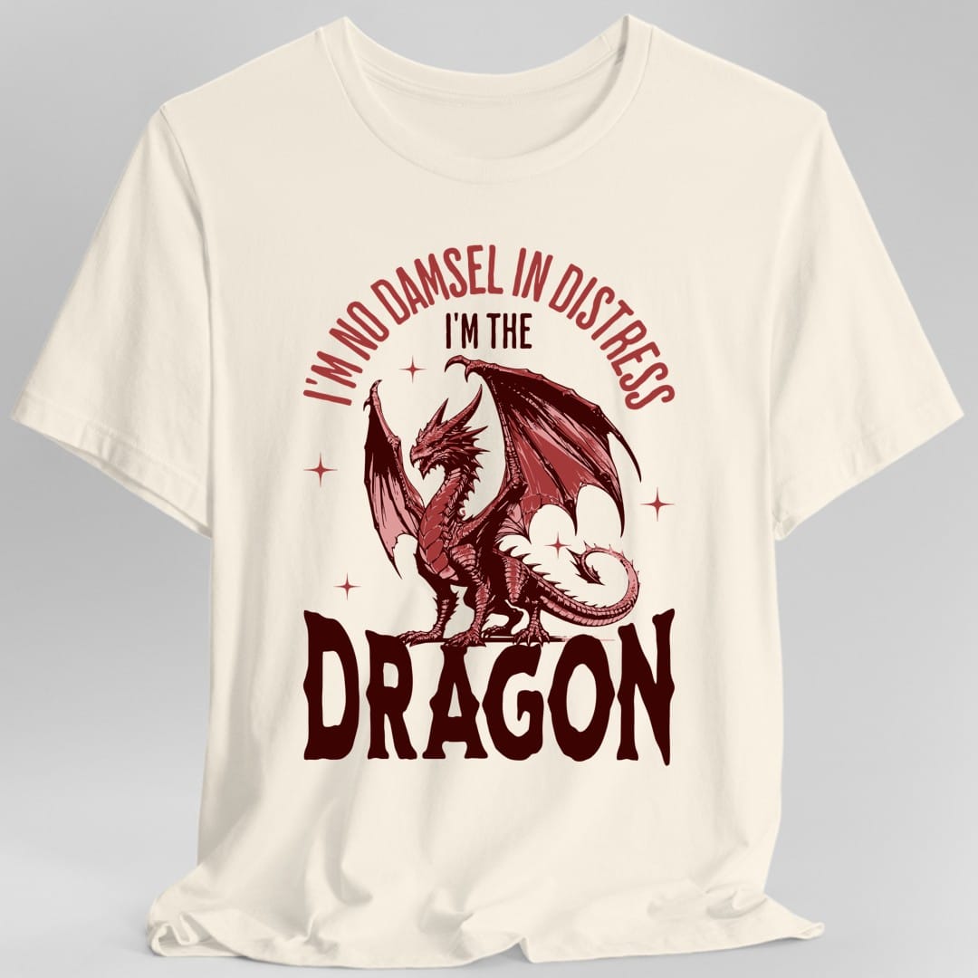 The same No Damsel In Distress dragon design, on a natural t-shirt.