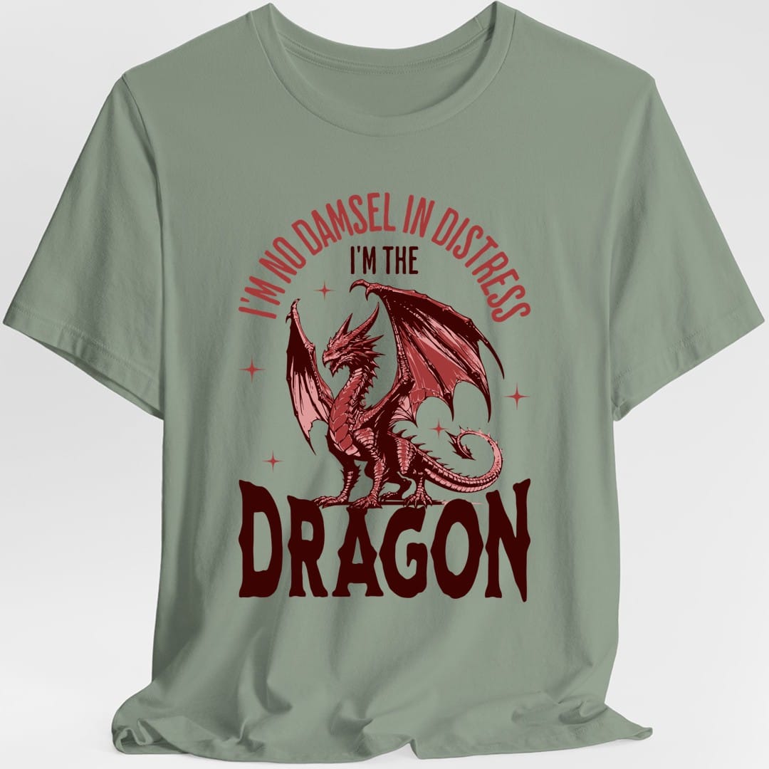 The same No Damsel In Distress dragon design, on a sage t-shirt.