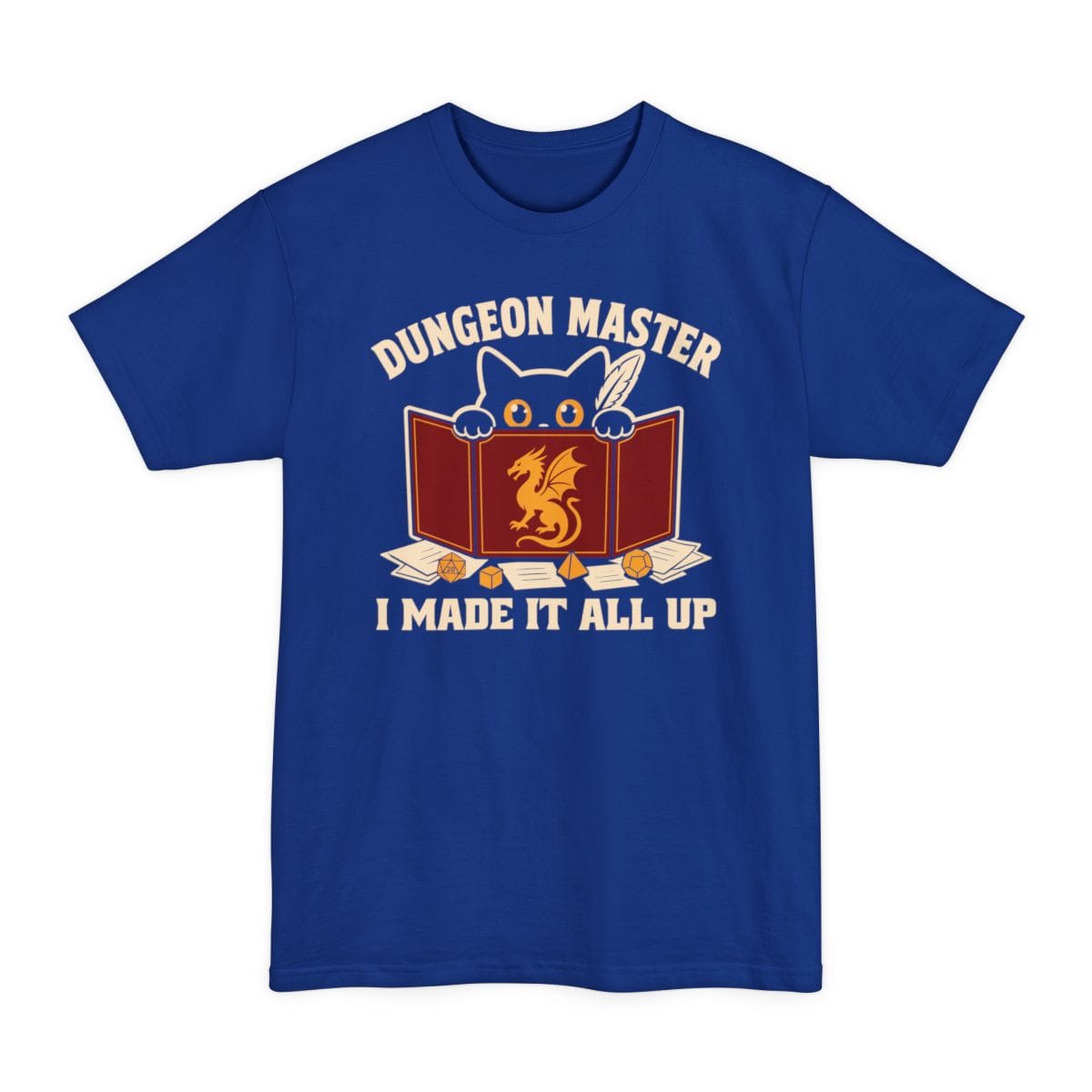 The same Dungeon Master cat behind screen design, on a deep royal tall t-shirt.