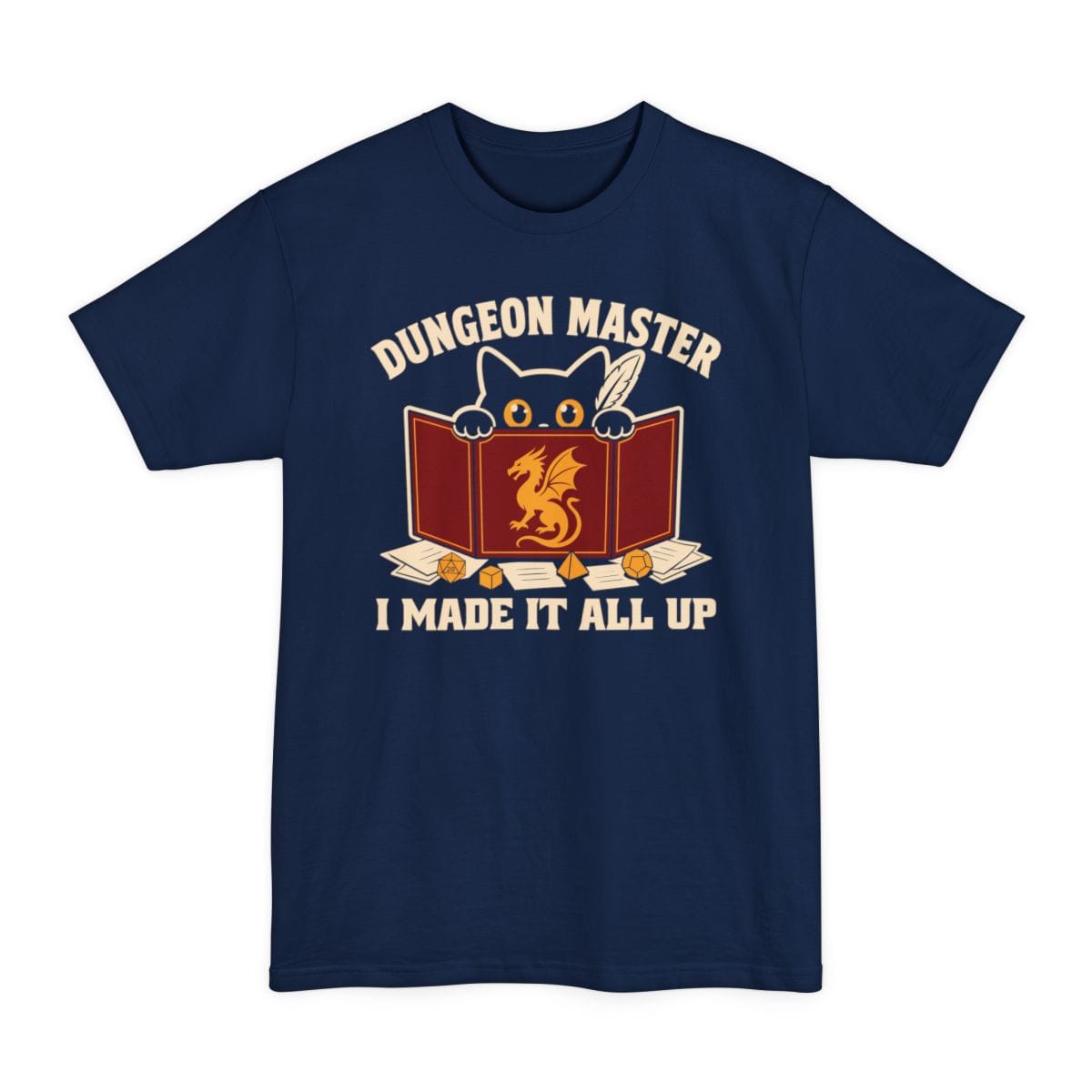 The same Dungeon Master cat behind screen design, on a navy tall t-shirt.