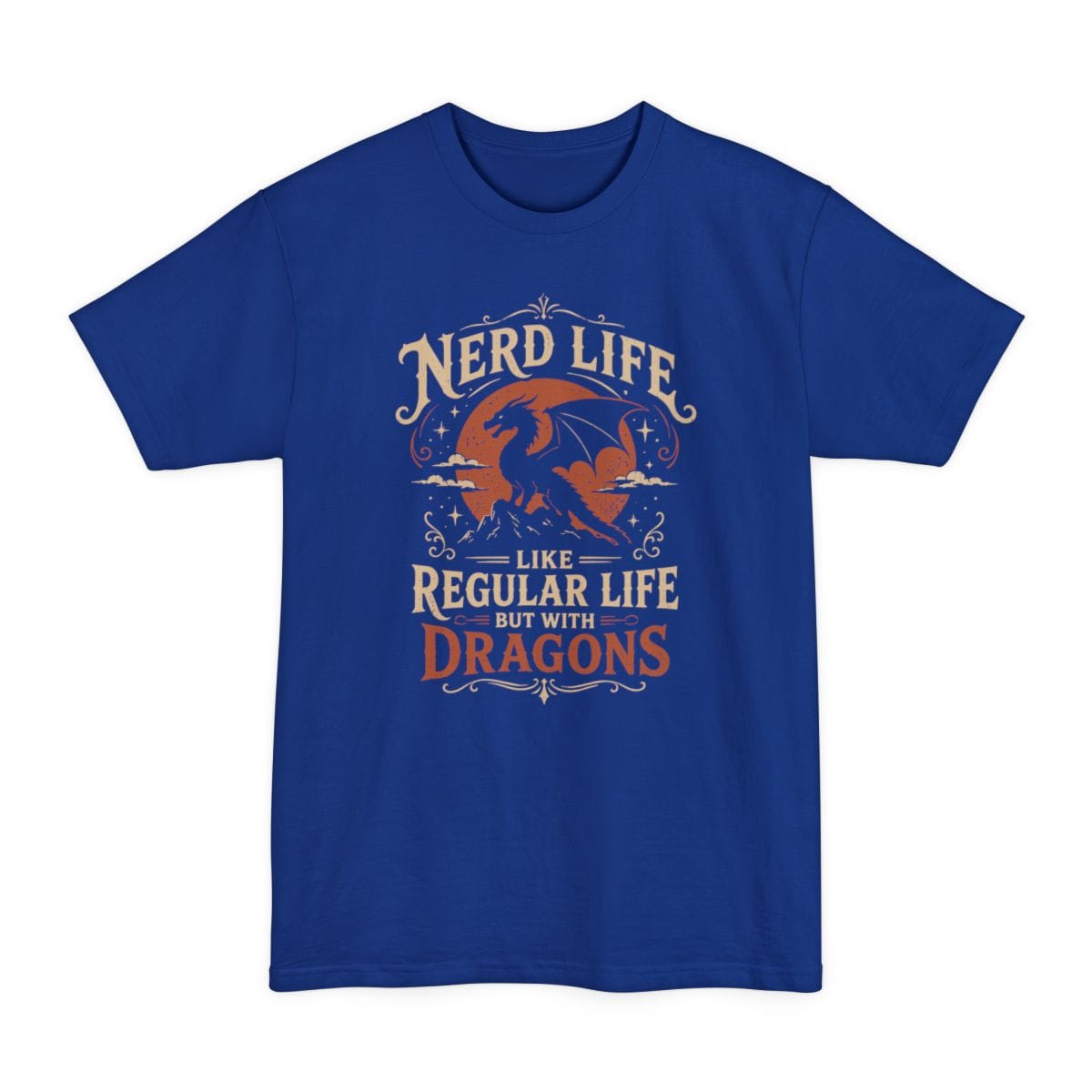 The same Nerd Life design, on a deep royal tall t-shirt.