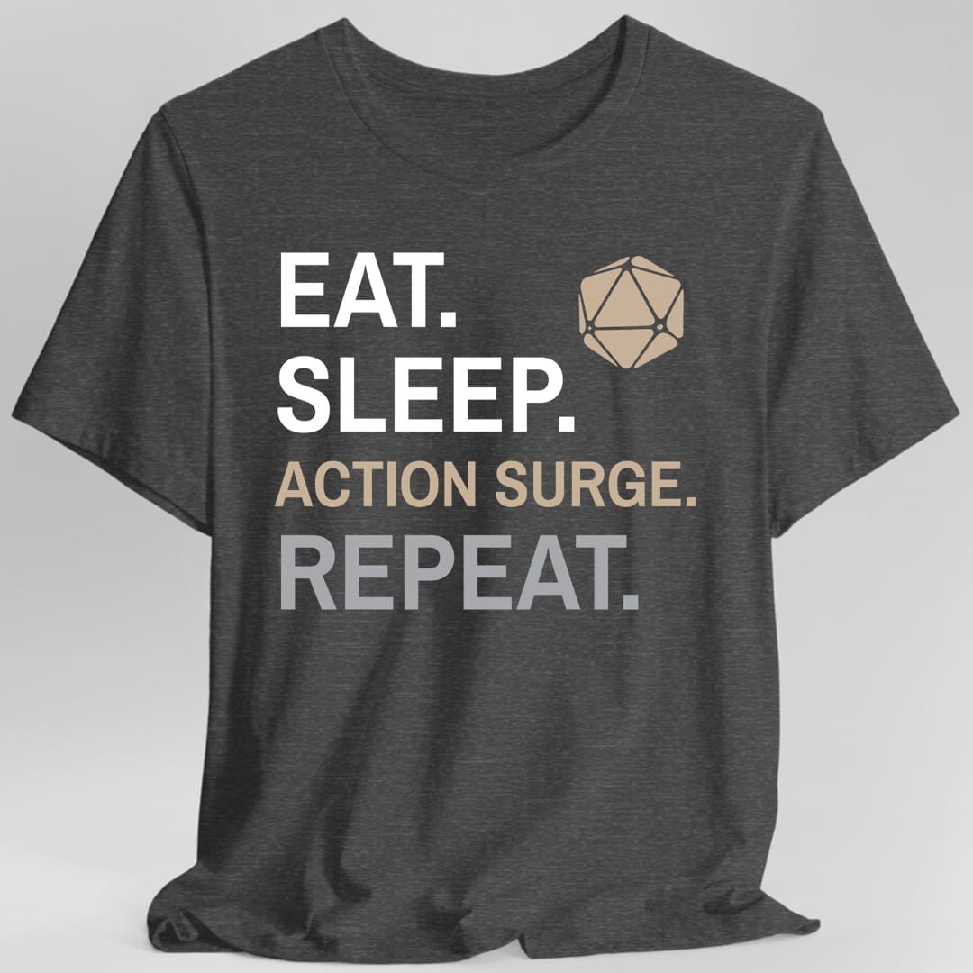 The same Fighter Eat Sleep Action surge design, on a dark heather t-shirt.