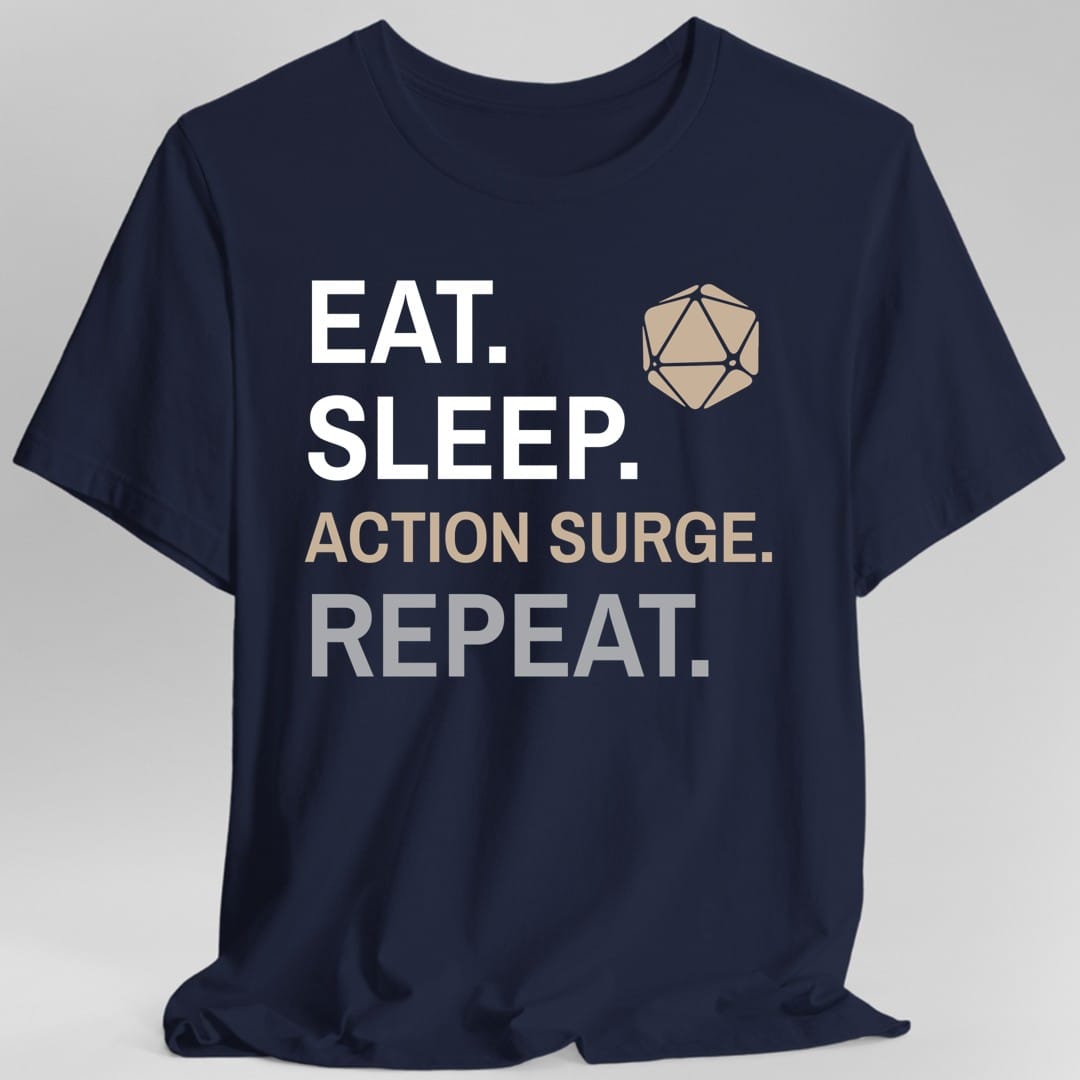 The same Fighter Eat Sleep Action surge design, on a navy t-shirt.