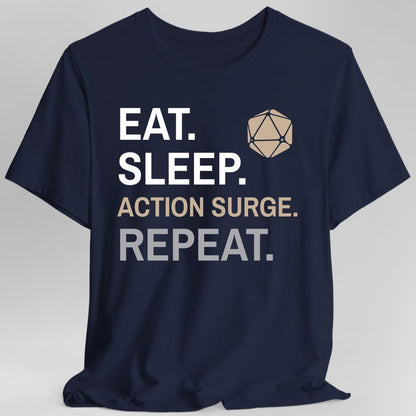 The same Fighter Eat Sleep Action surge design, on a navy t-shirt.