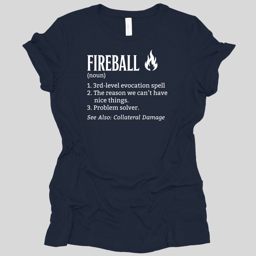 The same Fireball definition design, on a navy women's t-shirt.