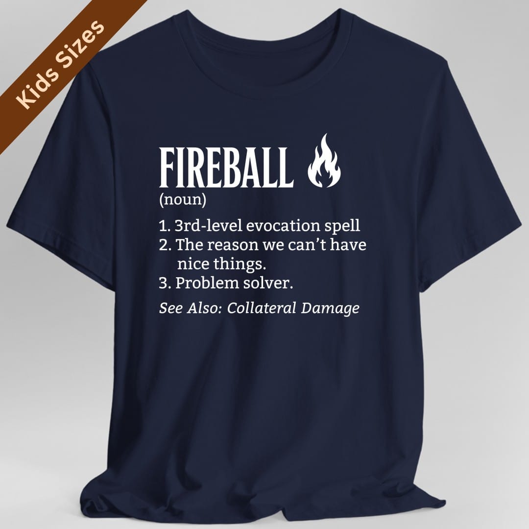 The same Fireball definition design, on a navy kids t-shirt.