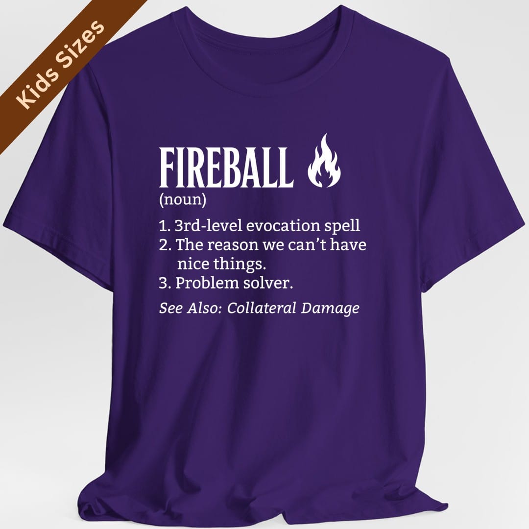The same Fireball definition design, on a purple kids t-shirt.