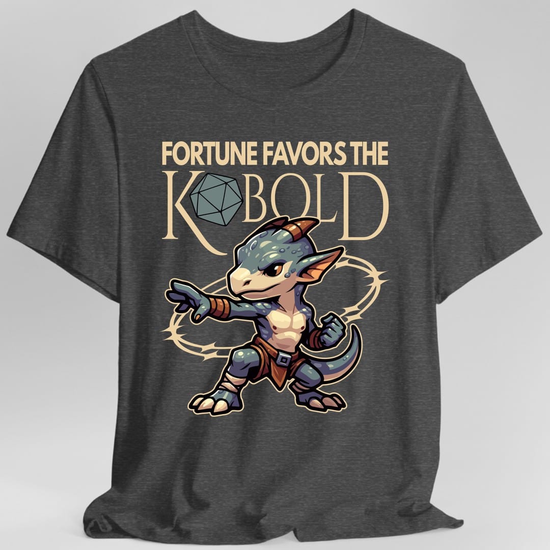 The same Fortune Favors the Kobold design, on a dark heather t-shirt.