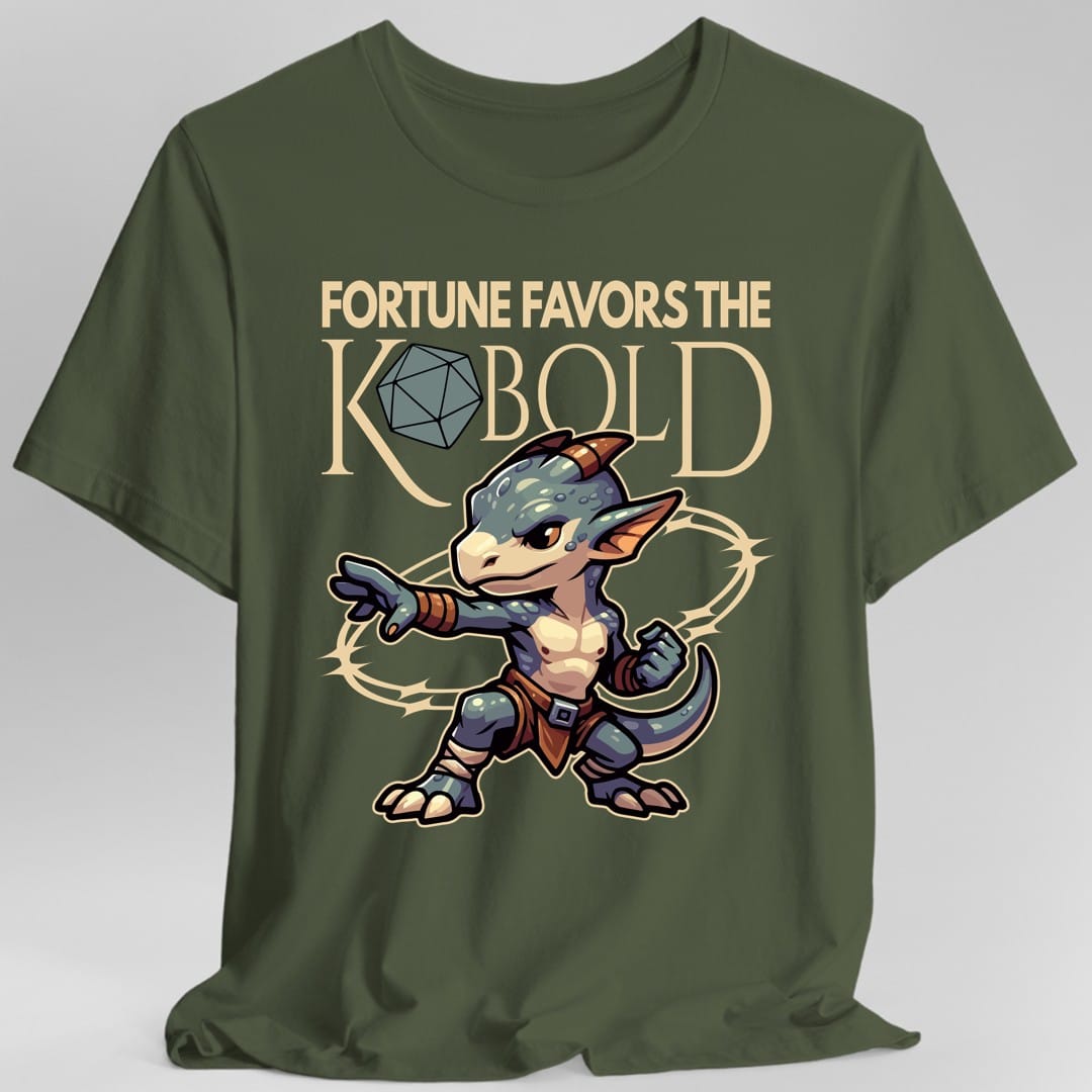 The same Fortune Favors the Kobold design, on a military green t-shirt.