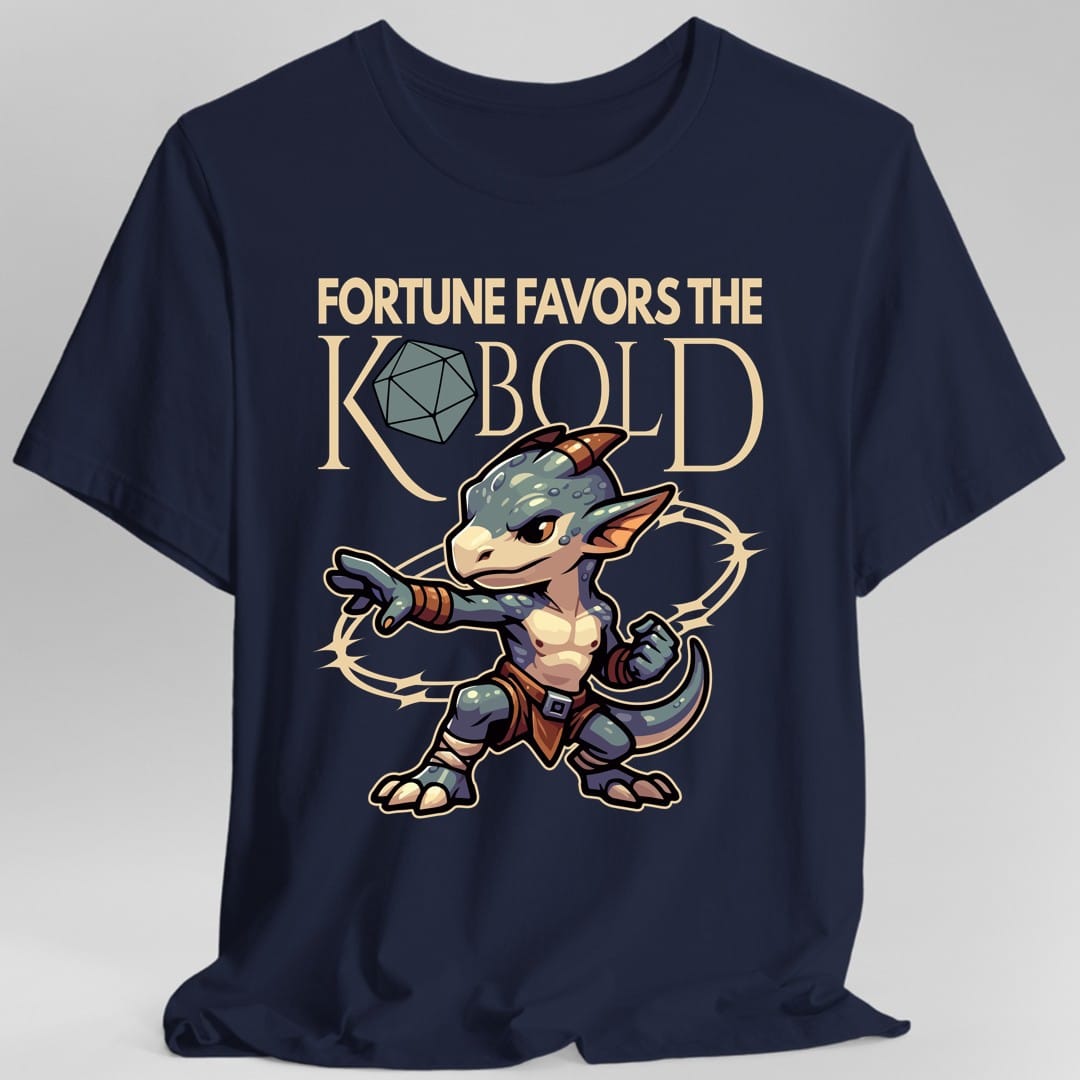 The same Fortune Favors the Kobold design, on a navy t-shirt.