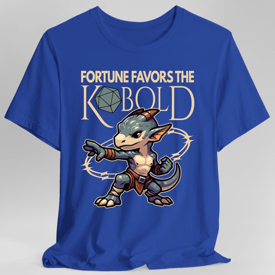 The same Fortune Favors the Kobold design, on a royal t-shirt.