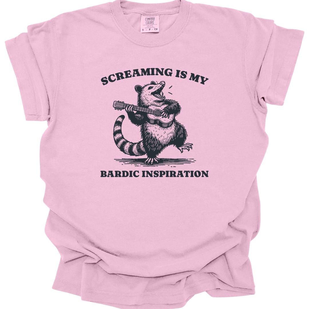 The same Bardic Inspiration possum design, on a blossom t-shirt.